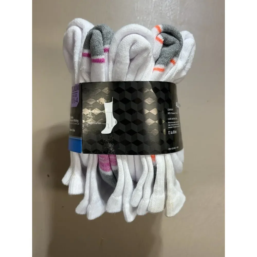 Athletic Works Girl's Crew Socks 10 PAIRS Shoe Size 10.5-4 Cushioned WHITE